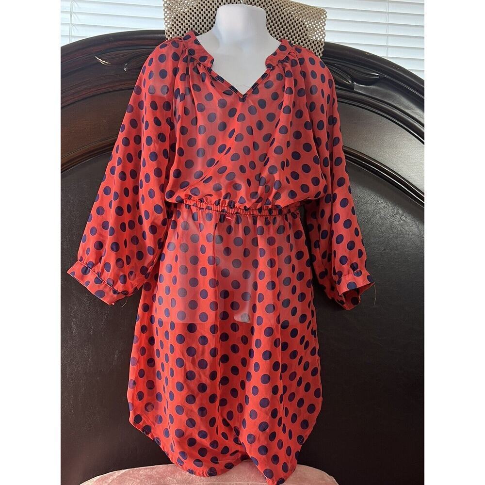 Sheer Girls Dress By Pinky, Red W/Blue Polka Dots Size 8